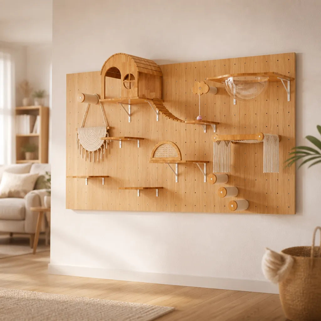 ir Paradise kattenklimmeubel – sfeerbeeld in moderne woonkamer met berkenhout wandpaneel, kattenhuis, klimplateaus en macramé hangmand