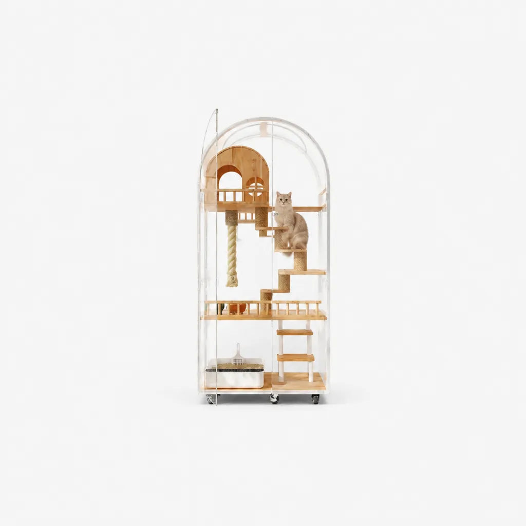 Arched Cat Villa met kat op trap – transparante luxe kattenvilla wit acryl met houten speelplatforms
