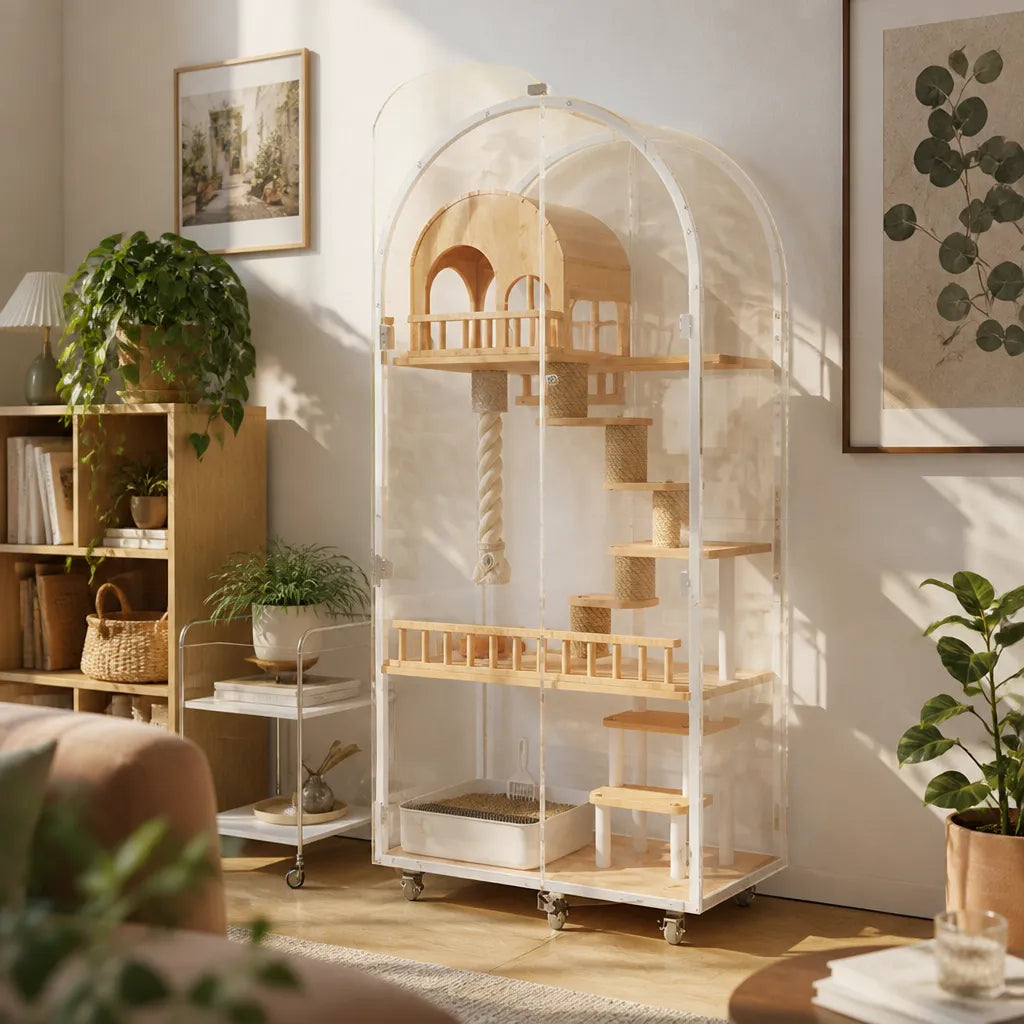Arched Cat Villa in modern woonkamer interieur – design kattenvilla transparant acryl met houten accenten