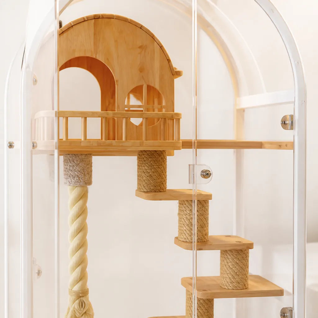 Detailfoto Arched Cat Villa – houten platforms met sisal krabpalen en touwklimmer binnenin