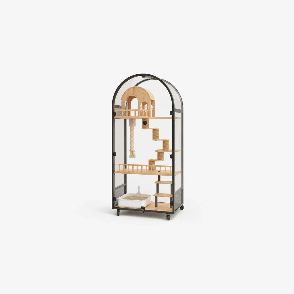 Arched Cat Villa zwart frame – luxe kattenvilla met acryl panelen, houten trappen en kattenbak onderin