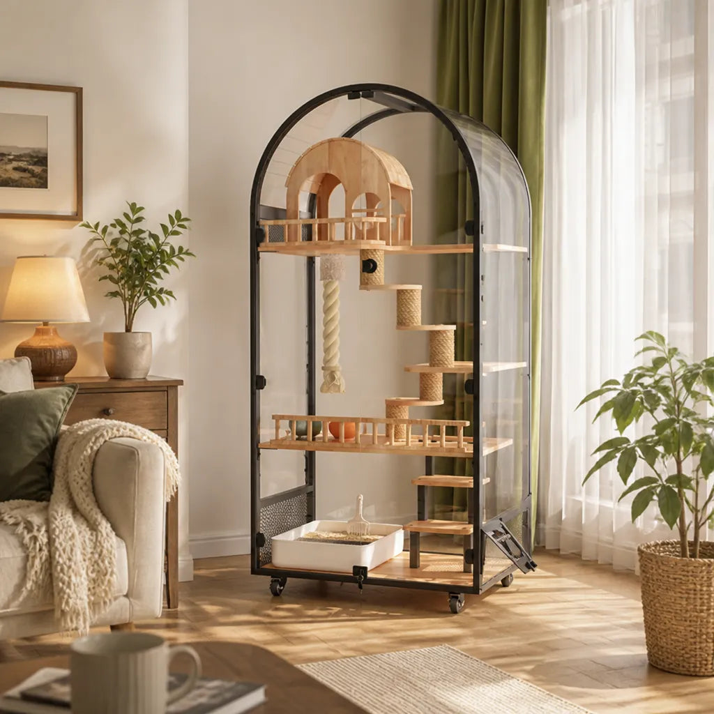 Arched Cat Villa zwart design kattenvilla in stijlvol interieur – meerdere platforms met sisal krabpalen