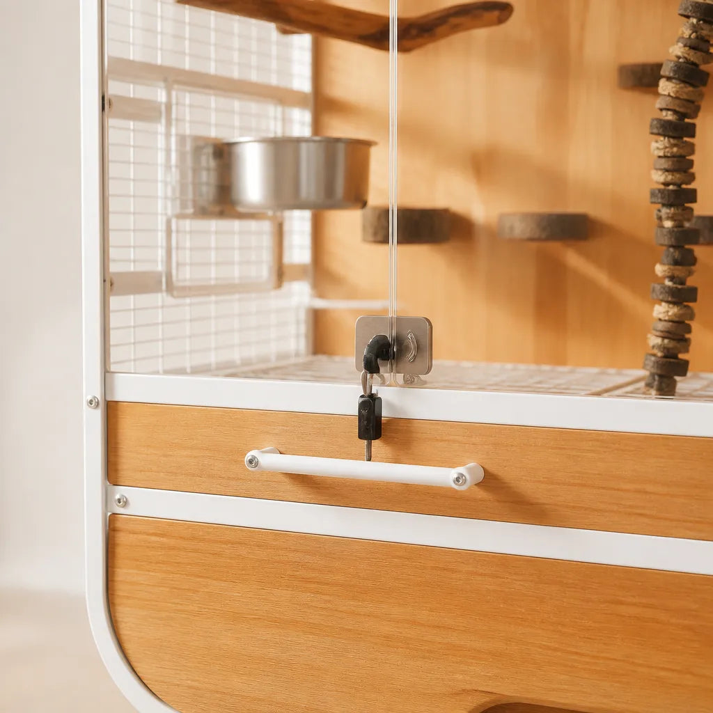 Detailfoto Bird House Between Clouds Luxe Vogelvolière – veiligheidsslot met sleutel, houten lade met witte greep en rvs voerbakje aan wit stalen gaaspaneel