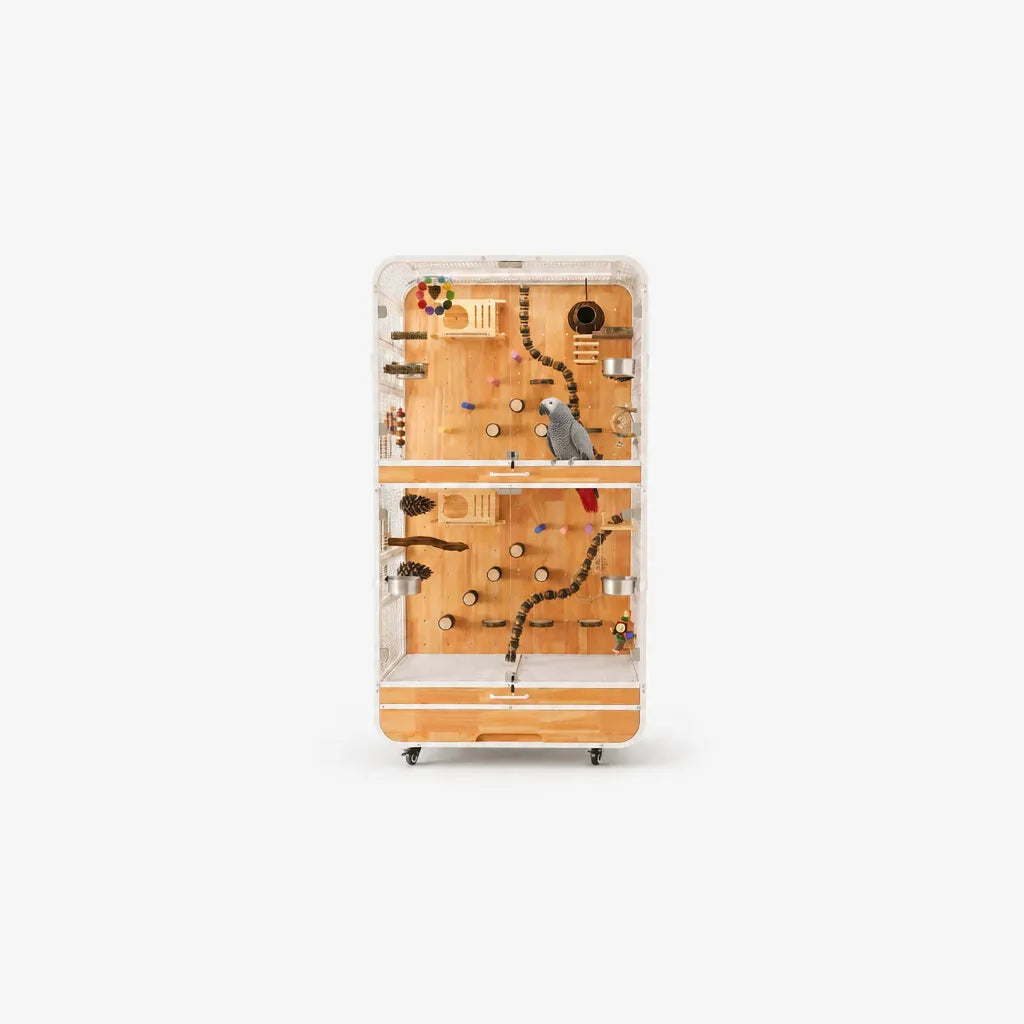 Bird House Between Clouds Luxe Vogelvolière met papegaai – grote tweedelige vogelkooi wit staal met houten speelwand, zitstokken, speelgoed en rvs voerbakjes