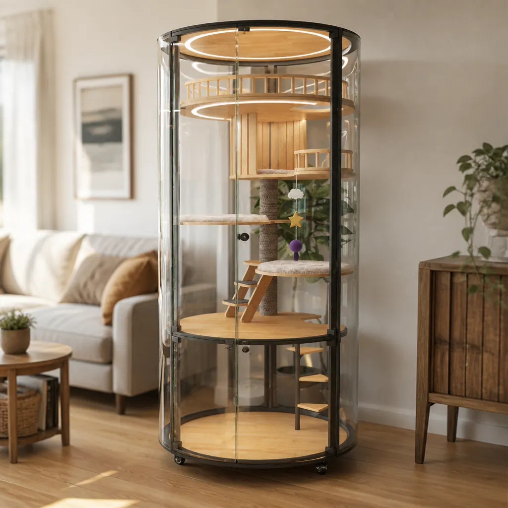 Floating City Cat Villa in modern interieur – design kattenvilla met LED verlichting, houten boomhut en klimstructuur