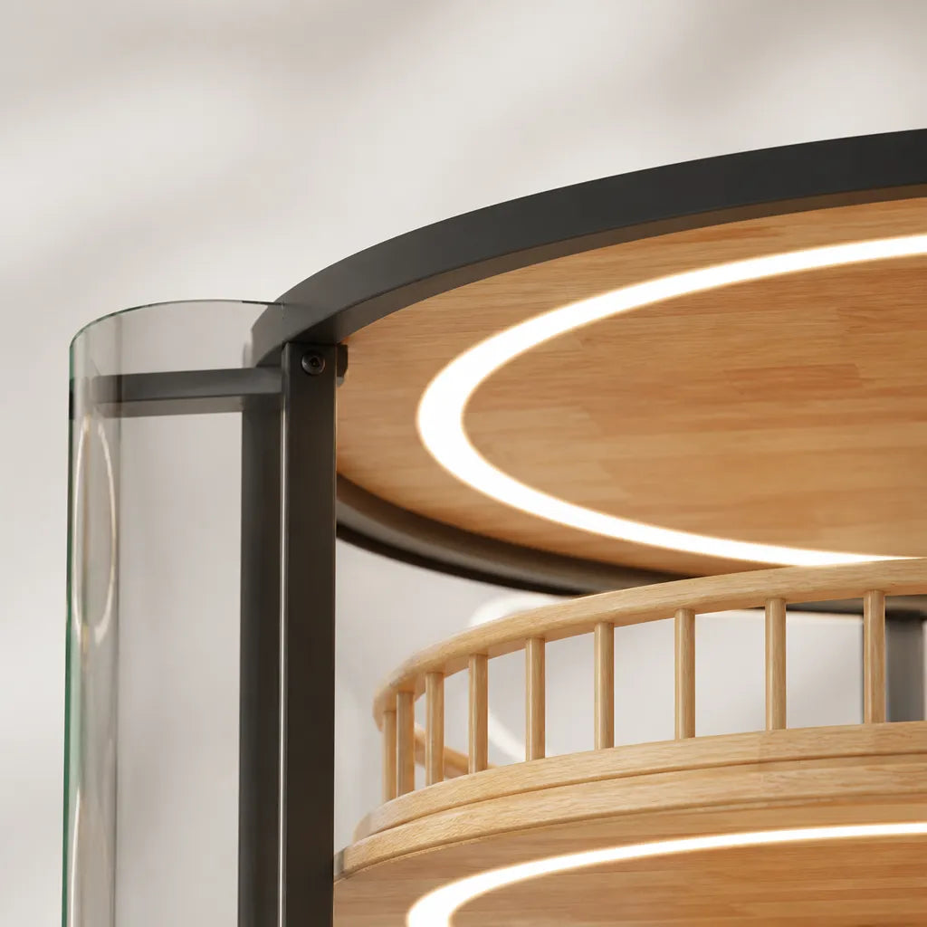 Detailfoto Floating City Cat Villa – houten bovenplatform met ingebouwde LED verlichting en zwart stalen frame
