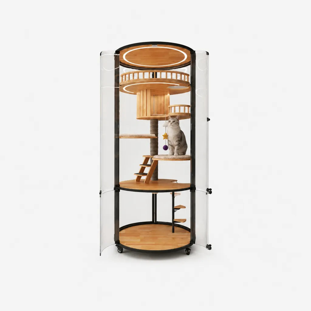 Floating City Cat Villa met kat – luxe cilindrische kattenvilla open deuren, houten platforms met sisal krabpaal en speelgoed