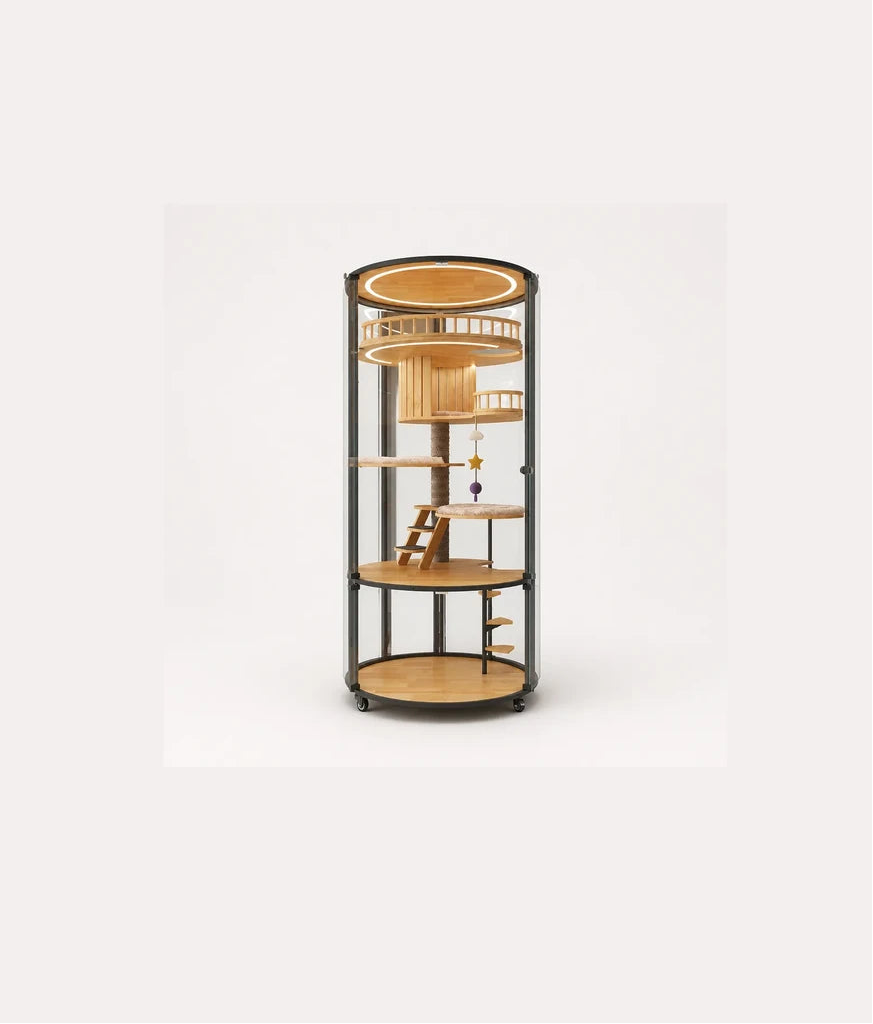 Floating City Cat Villa – ronde luxe kattenvilla transparant acryl met houten platforms, LED verlichting en sisal krabpaal op wieltjes