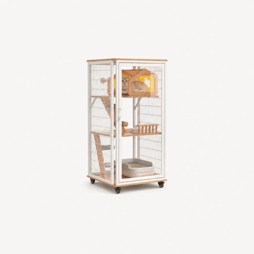 Gleaner Medium Luxe Kattenvilla met kat in kattenhuis – wit stalen kattenkooi met geel transparant kattenhuis, houten platform en kattenbak