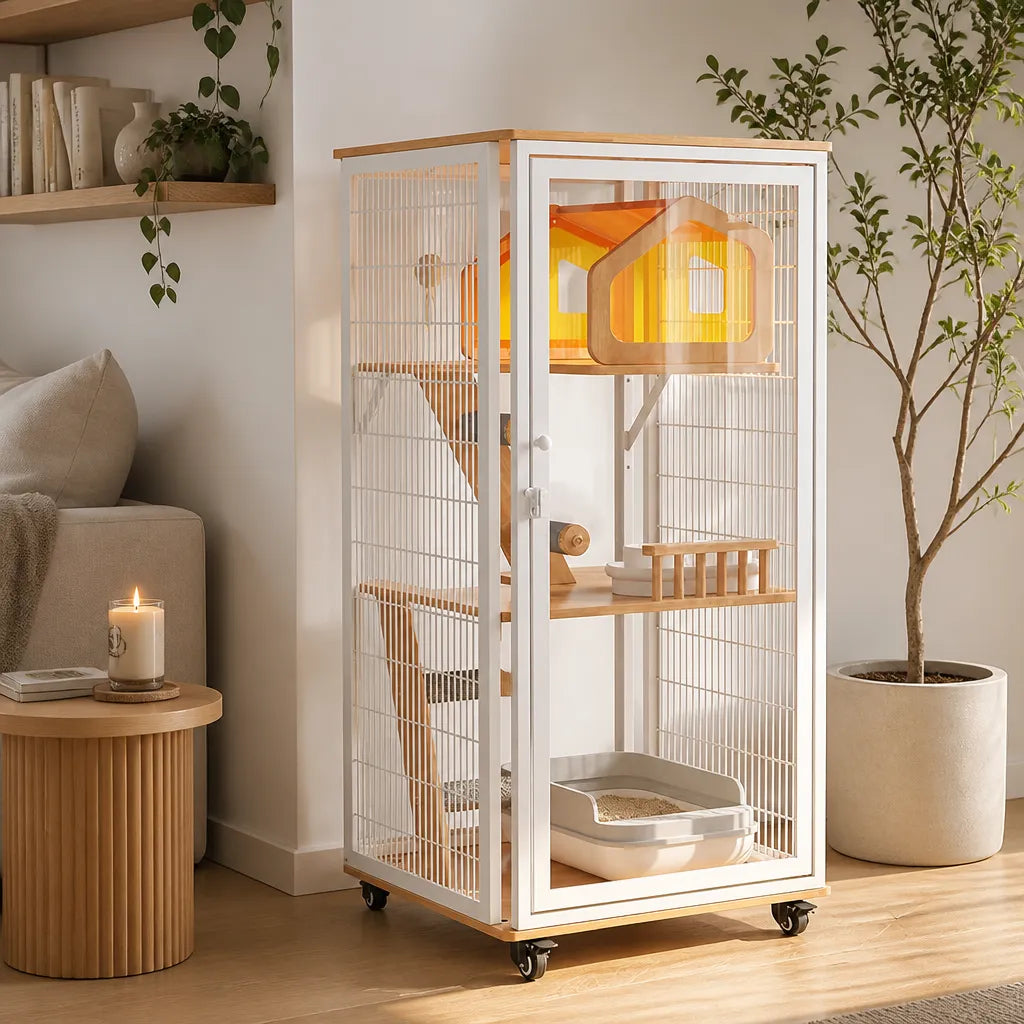 Gleaner Medium Luxe Kattenvilla in modern interieur – design kattenkooi wit staal met houten trappen, geel kattenhuis en kattenbak op wieltjes