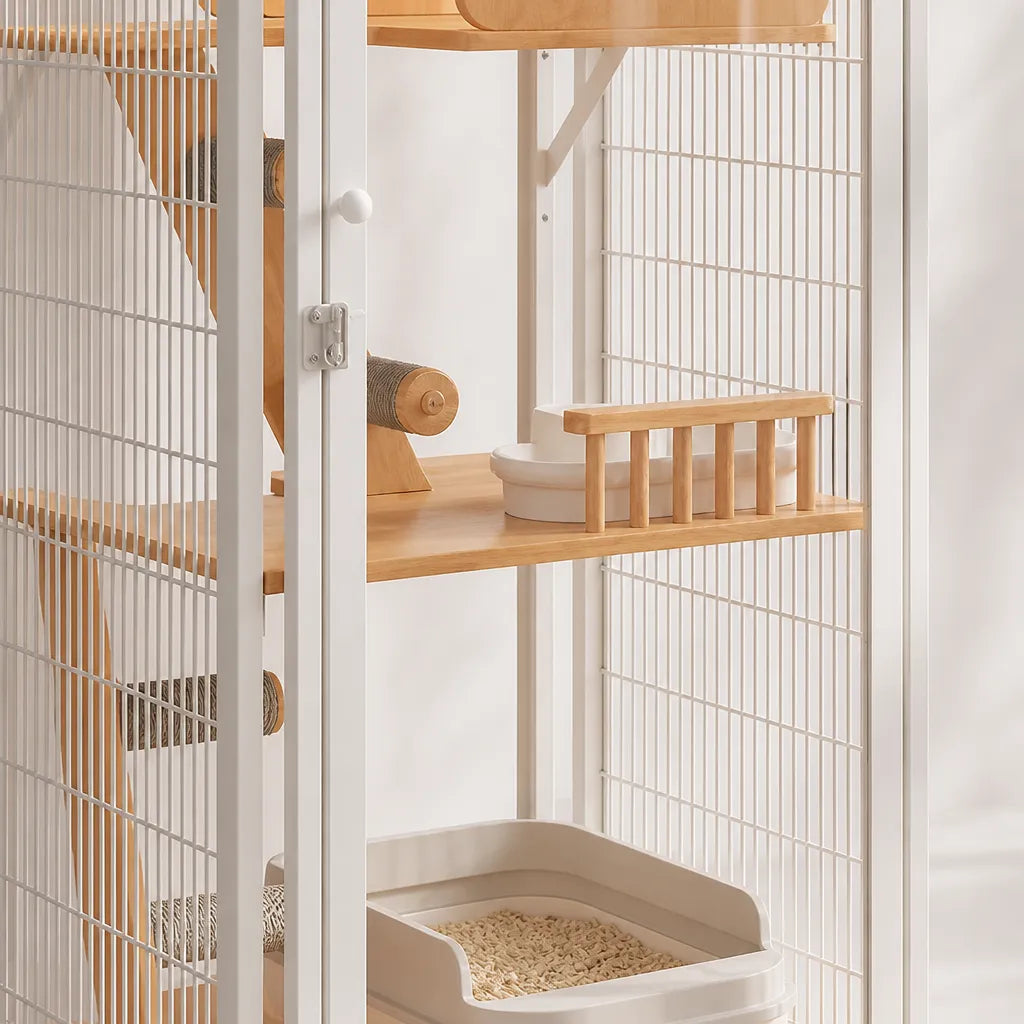 Detailfoto Gleaner Medium Luxe Kattenvilla – houten platform met hekje en sisal krabrol, wit stalen gaas en geïntegreerde kattenbak met kattenbakvulling