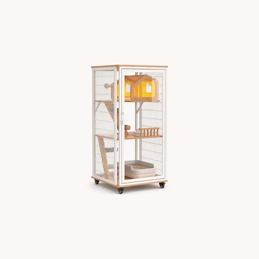 Gleaner Medium Luxe Kattenvilla – wit stalen kattenkooi met houten trappen, geel transparant kattenhuis, houten platform en geïntegreerde kattenbak op wieltjes