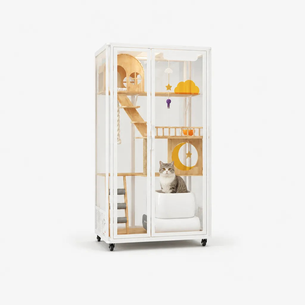 Lanyue Luxe Cat Villa met kat in maan-ster kattenhuis – groot wit luxe kattenverblijf met houten trappen, sisal krabpaal en loopwiel