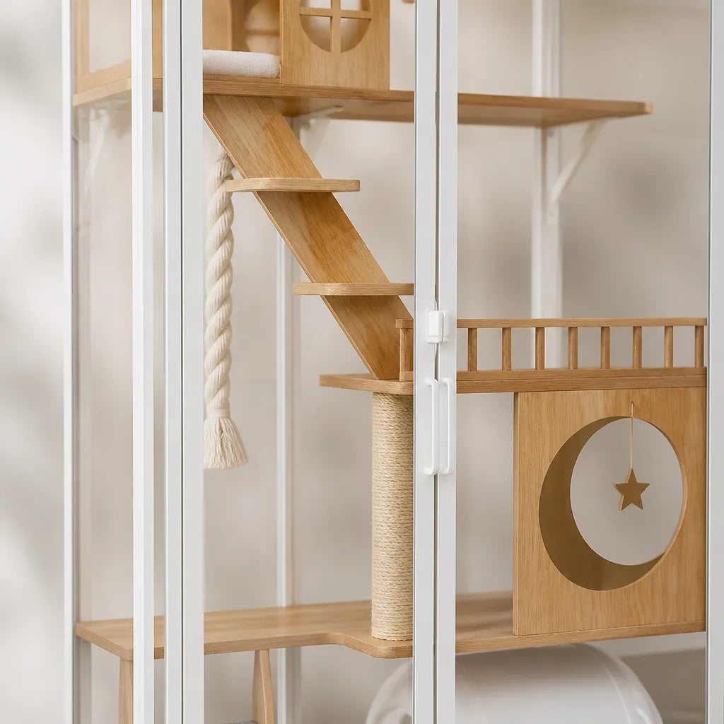 Detailfoto Lanyue Luxe Cat Villa – houten trap met sisal krabpaal, macramé klimtouw en houten maan-ster kattenhuis binnenin