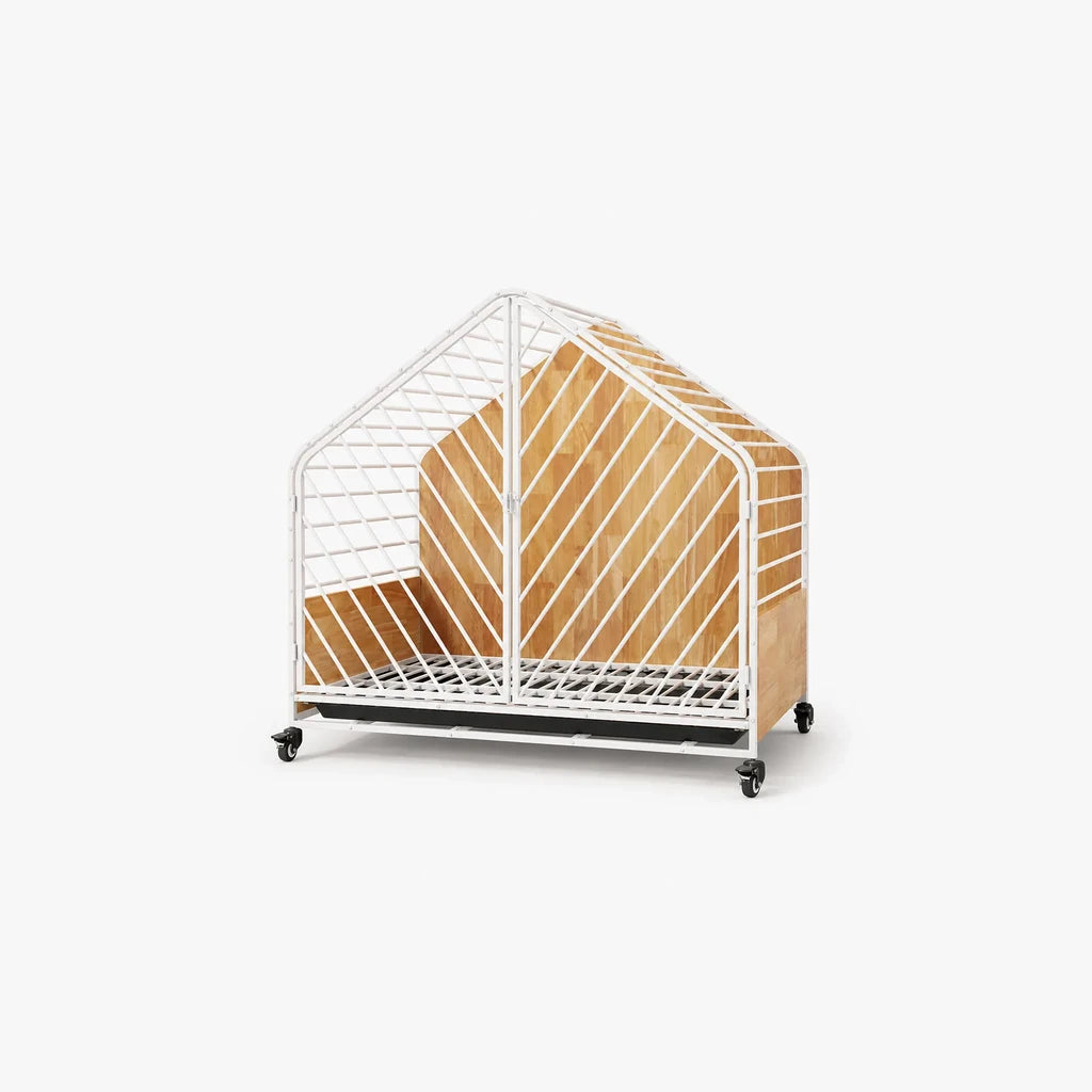Leaf Dog House – luxe hondenbench wit metaal met houten panelen op wieltjes