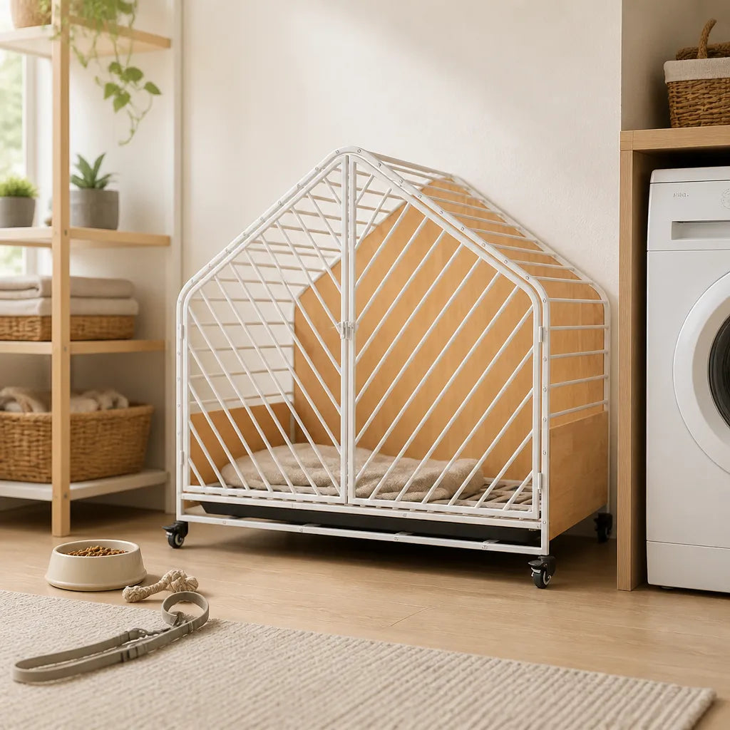 Leaf Dog House designhondenbench in modern interieur – wit staal met hout