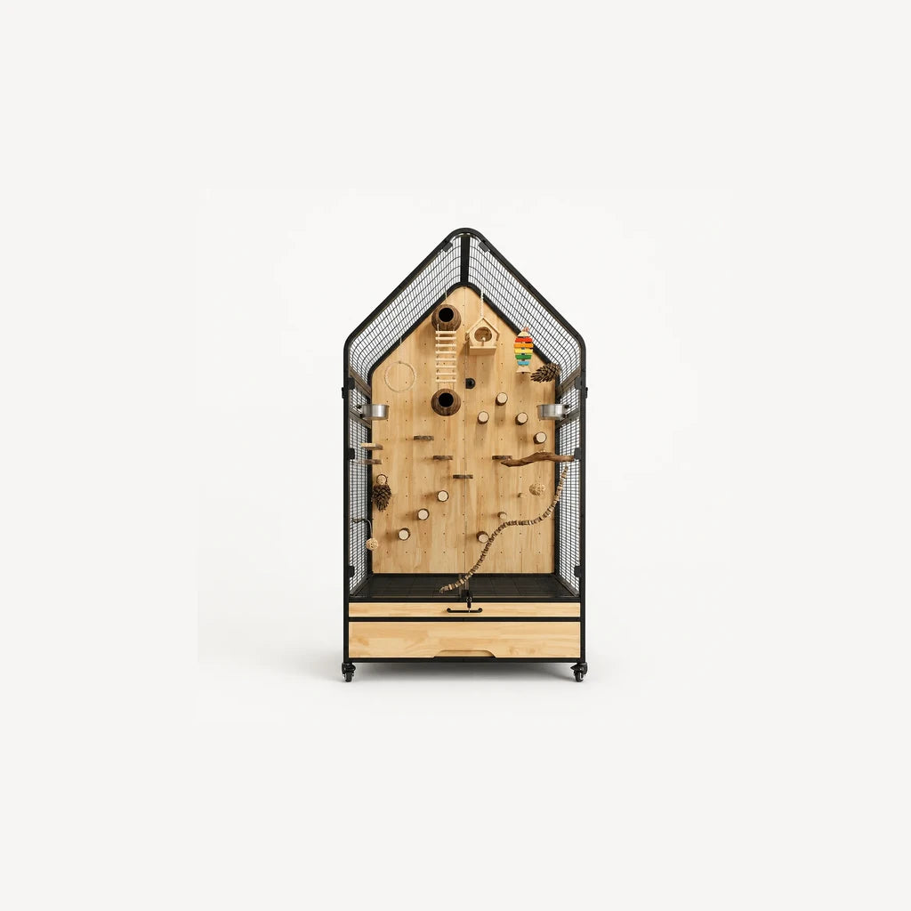 Maison Grande Luxe Vogelvolière – grote houten volière huisvorm zwart stalen gaas met houten speelwand, klimstokjes, tunnels, speelgoed en lade op wieltjes