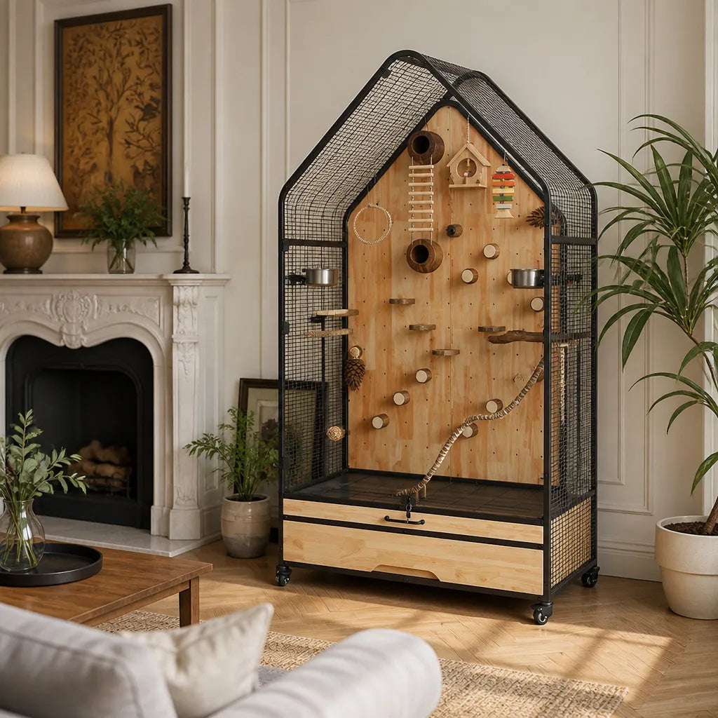 Maison Grande Luxe Vogelvolière in klassiek interieur – design vogelkooi huisvorm hout met zwart gaas, houten speelwand en lade op wieltjes