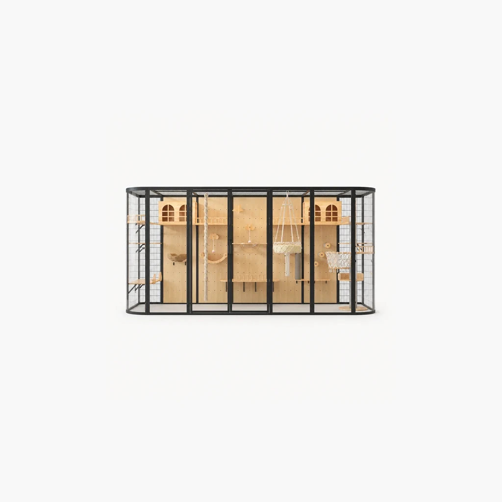 Mercury kattenvilla zwart – vooraanzicht met zwart metalen frame, berkenhout interieur, klimplateaus, houten huisjes en macramé hangmand