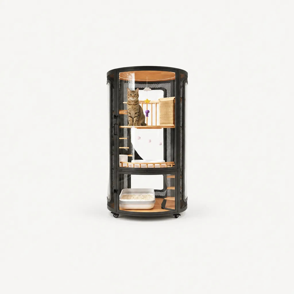 Star Moon Castle Cat Villa met kat – cilindrische luxe kattenvilla met meerdere houten platforms en geïntegreerde kattenbak