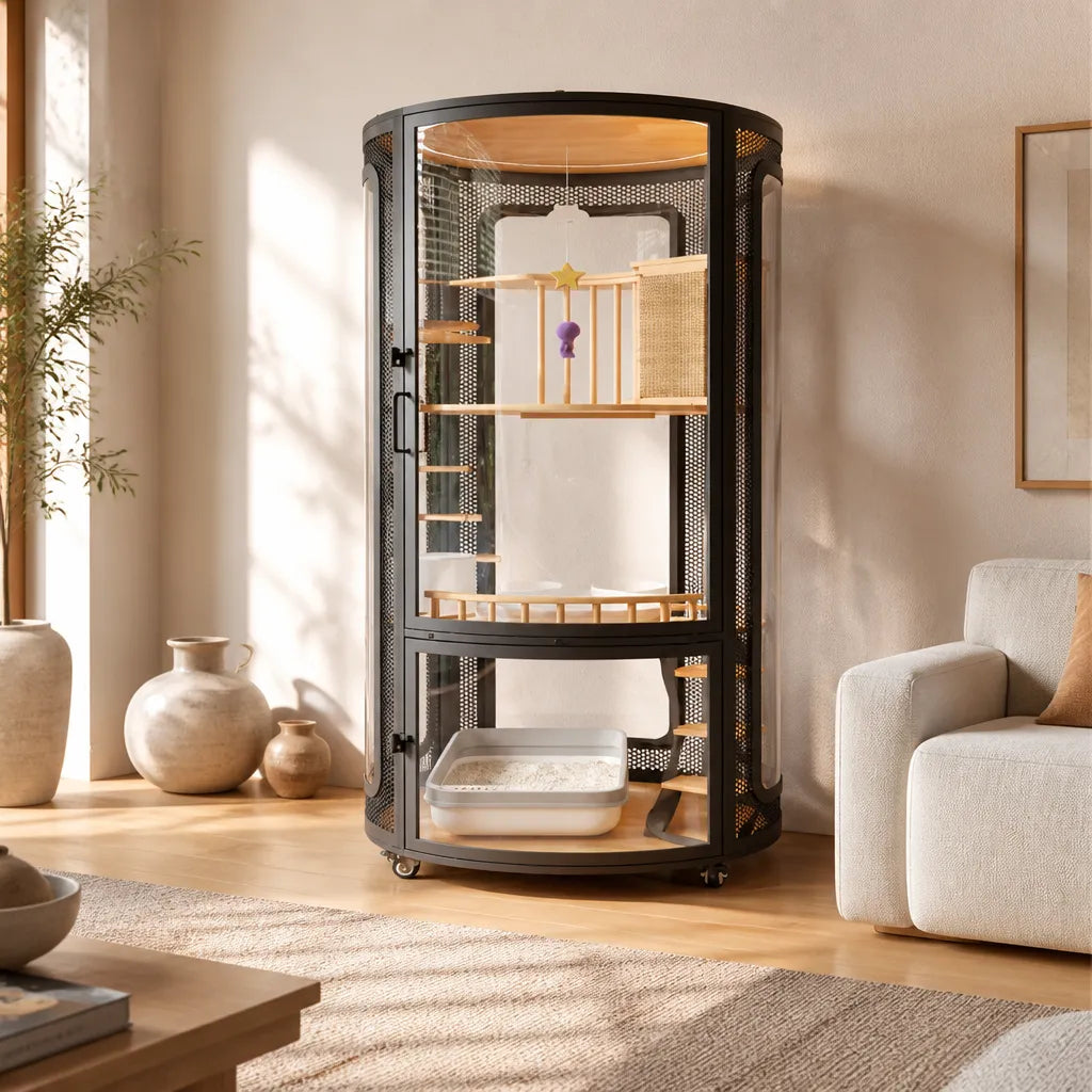 Star Moon Castle Cat Villa in modern woonkamer interieur – design kattenvilla zwart metaal met houten klimstructuur