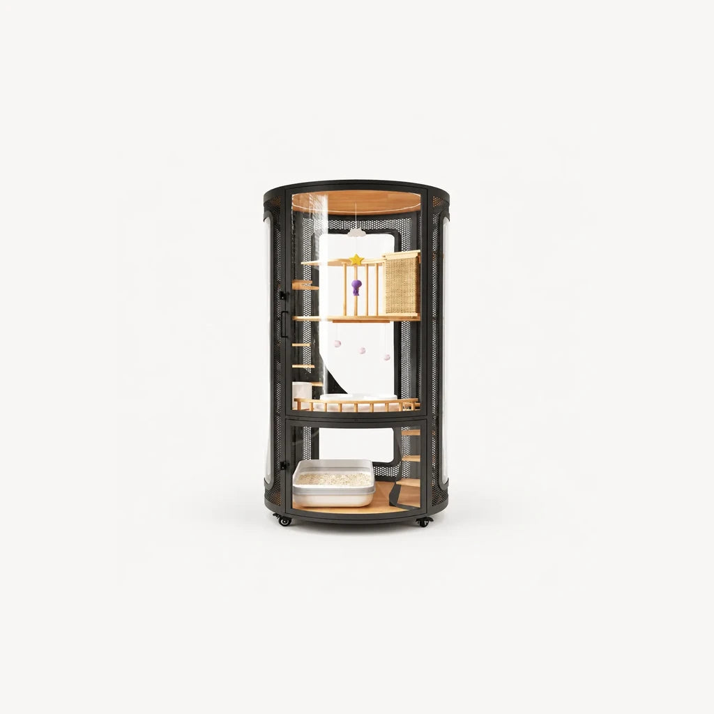 Star Moon Castle Cat Villa – ronde luxe kattenvilla zwart staal met houten platforms, kattenbak en speelgoed op wieltjes
