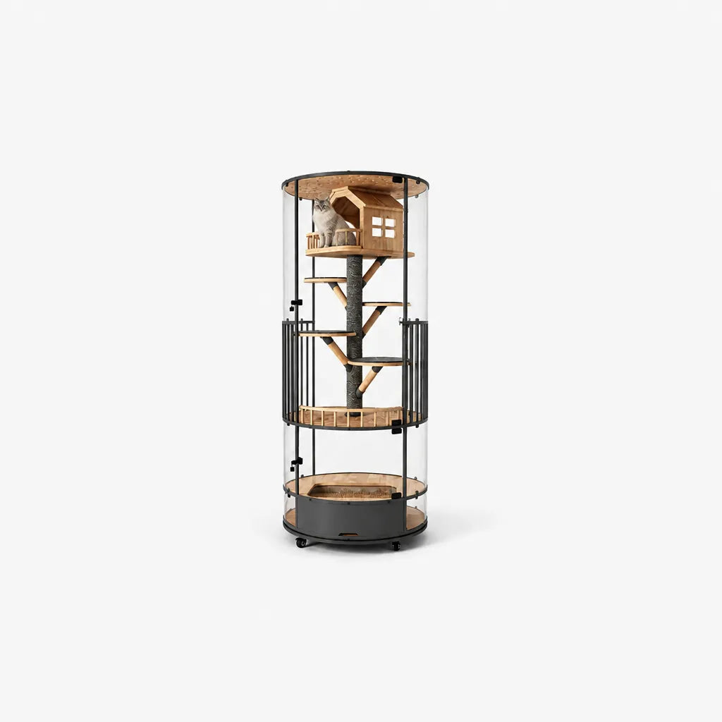 Tower of Trees Cat Villa met kat in boomhut – cilindrische luxe kattenvilla zwart staal met meerdere platforms