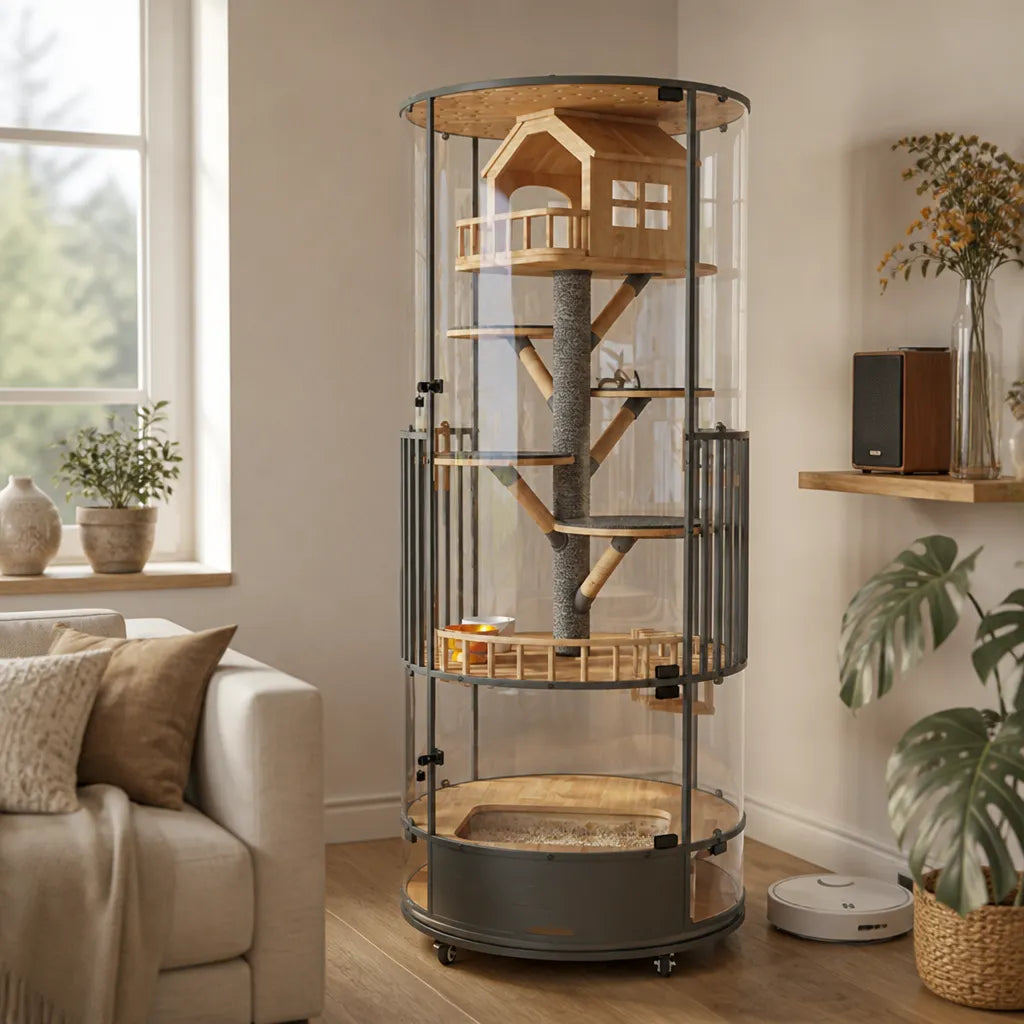 Tower of Trees Cat Villa in modern interieur – design kattenvilla met transparante panelen en houten klimstructuur