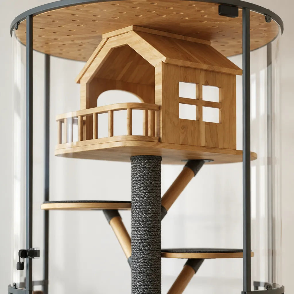 Detailfoto Tower of Trees Cat Villa – houten boomhut met balkon en sisal krabpaal binnenin