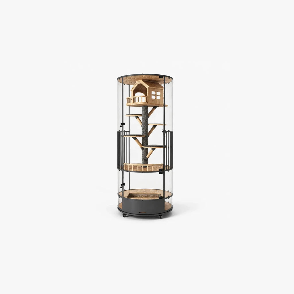 Tower of Trees Cat Villa – luxe ronde kattenvilla zwart staal met houten boomhut en sisal krabpaal op wieltjes