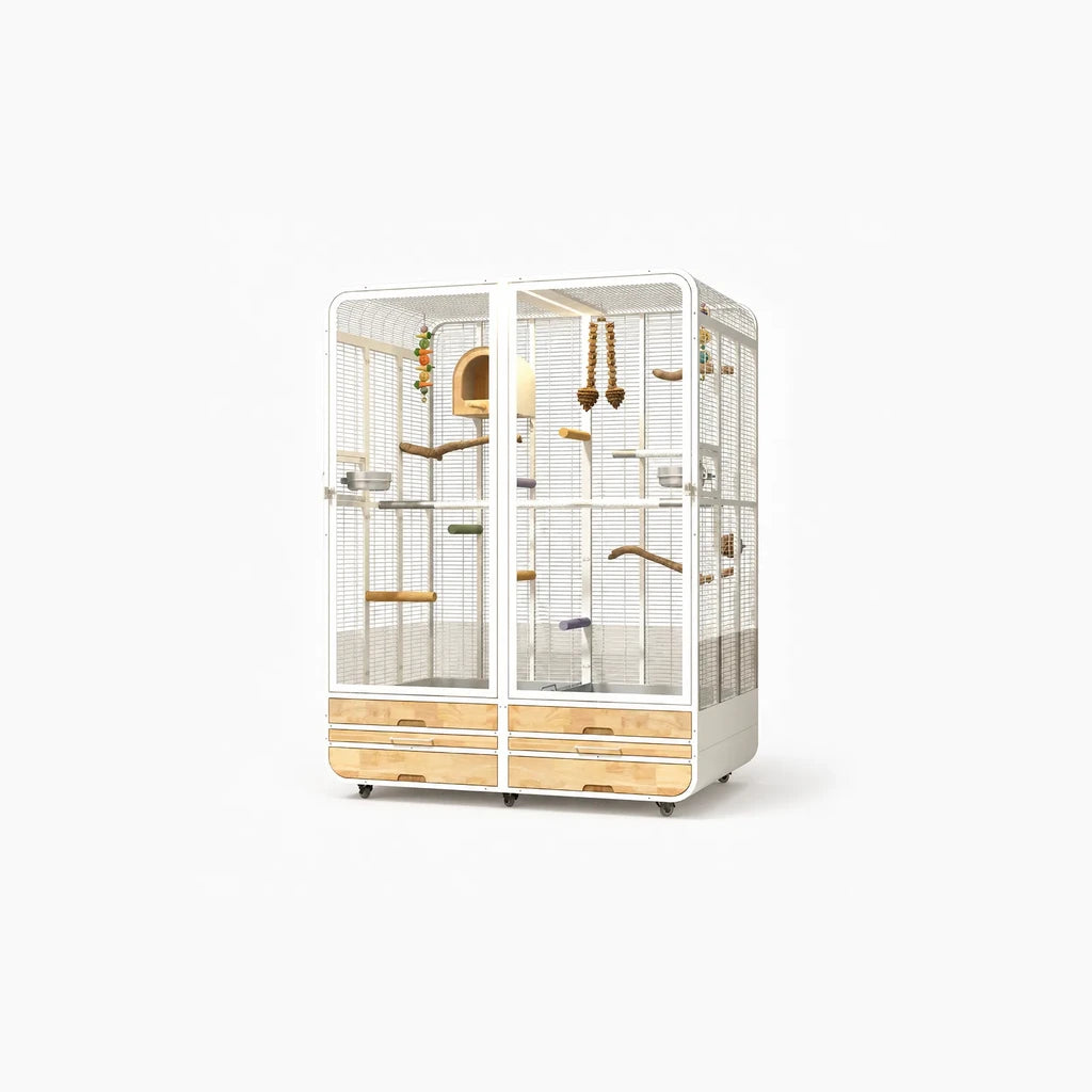 Zhihuan Bird Villa – grote luxe vogelkooi wit metaal met houten lades en wieltjes