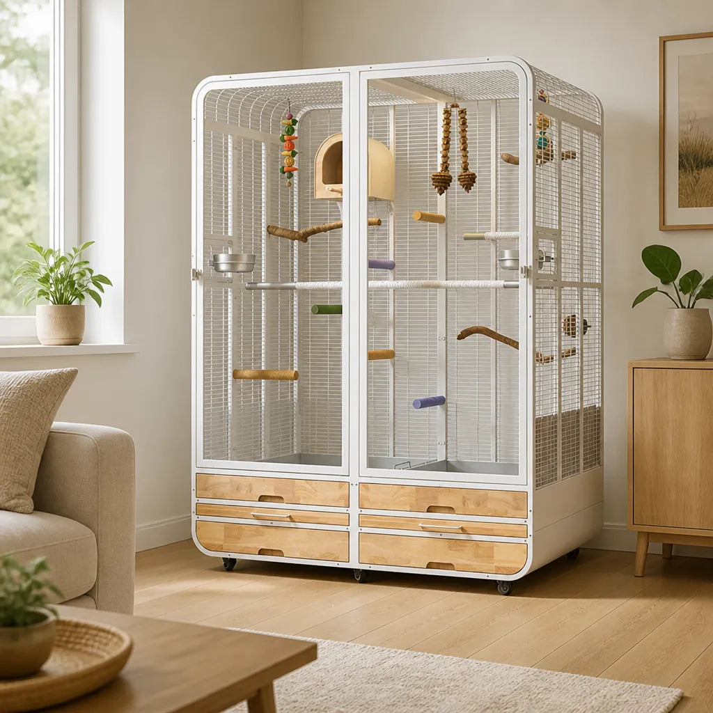 Zhihuan Bird Villa luxe vogelkooi in modern interieur – wit frame met houten accenten