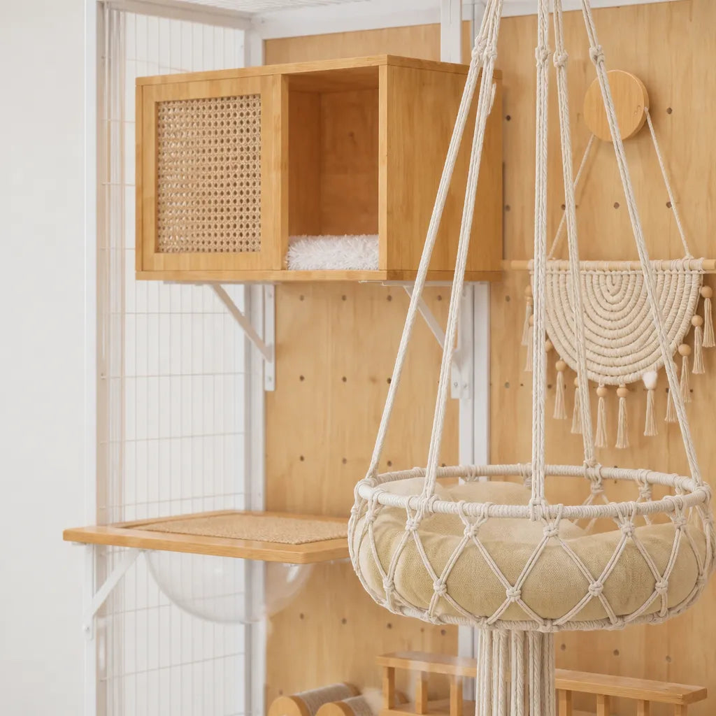 Detailfoto Mira kattenverblijf – rotan houten kattenhuis met macramé hangmand en zacht kussen aan houten pegboard wand