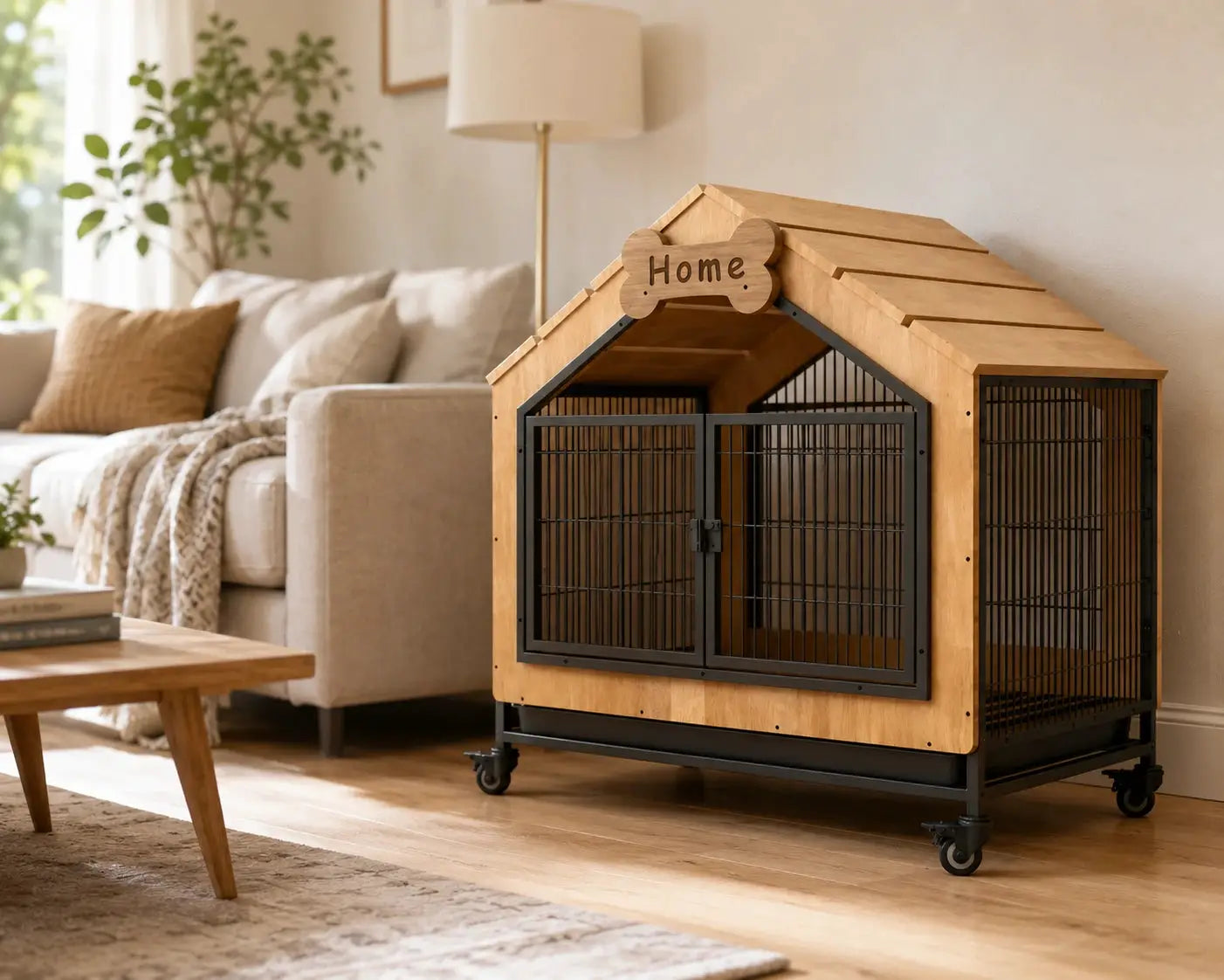 Homestead hondenbench in modern interieur – design hondenhok van hout met zwarte stalen tralies