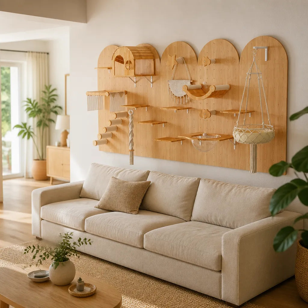 Faro kattenklimmeubel in modern interieur – design wandsysteem berkenhout met platforms en macramé hangmand boven bank