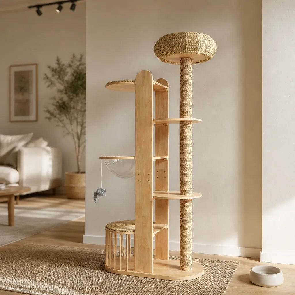 Faro kattenkrabpaal in modern interieur – design kattenboom berkenhout met sisal krabpaal en ronde krabschijf