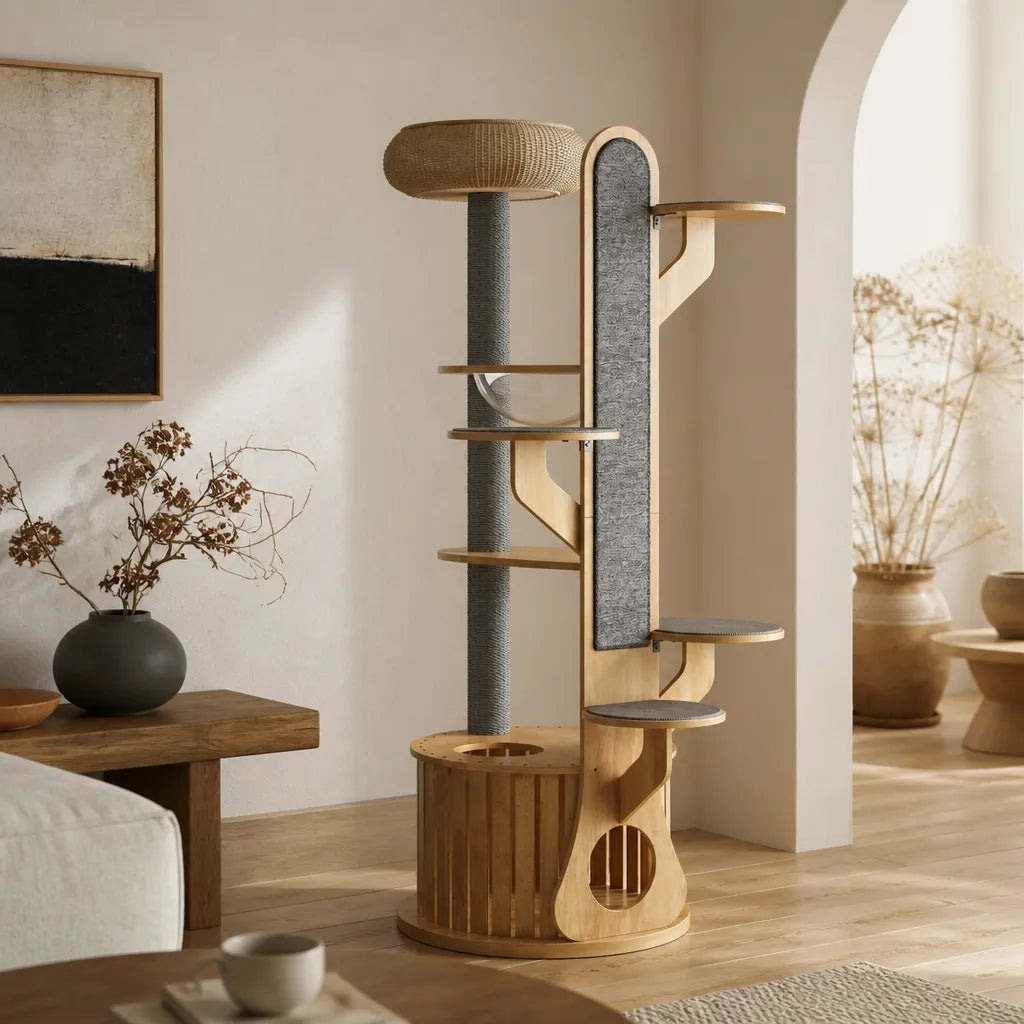 Mira kattenmeubel in modern interieur – design kattenboom berkenhout met grijs krabpaneel en meerdere klimplatforms