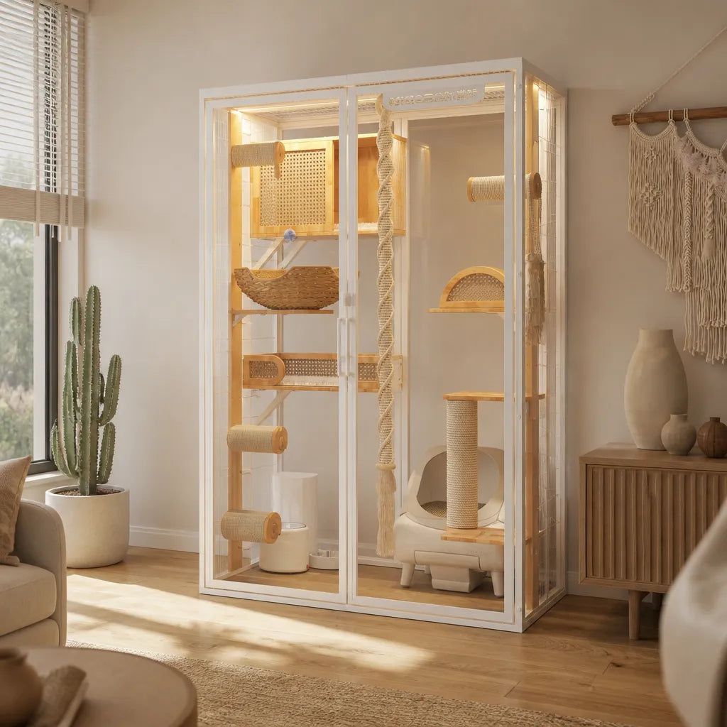 Senza kattenvilla in modern interieur – design kattenmeubel wit frame met glazen deuren, houten platforms, sisal krabpalen en LED verlichting