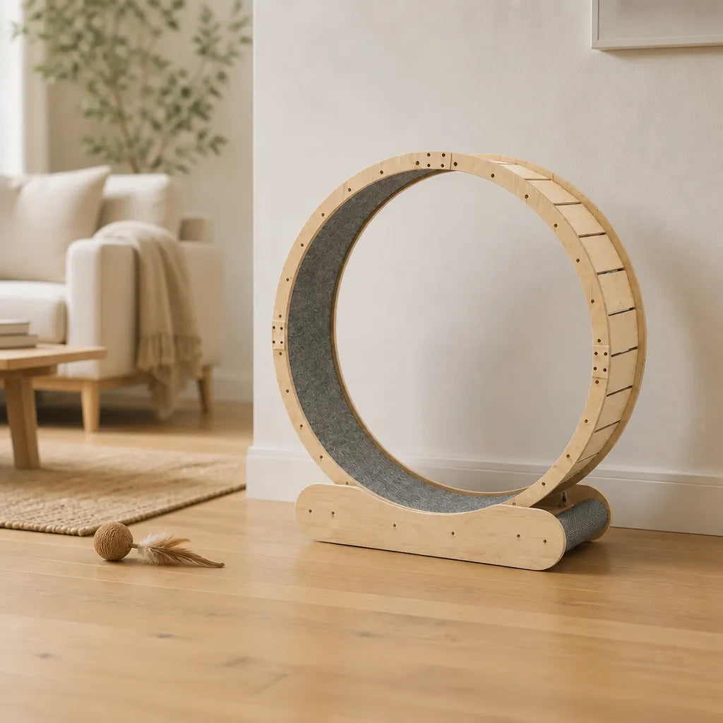 Aurelia kattenloopwiel in Scandinavisch interieur – design loopwiel van hout voor actieve katten