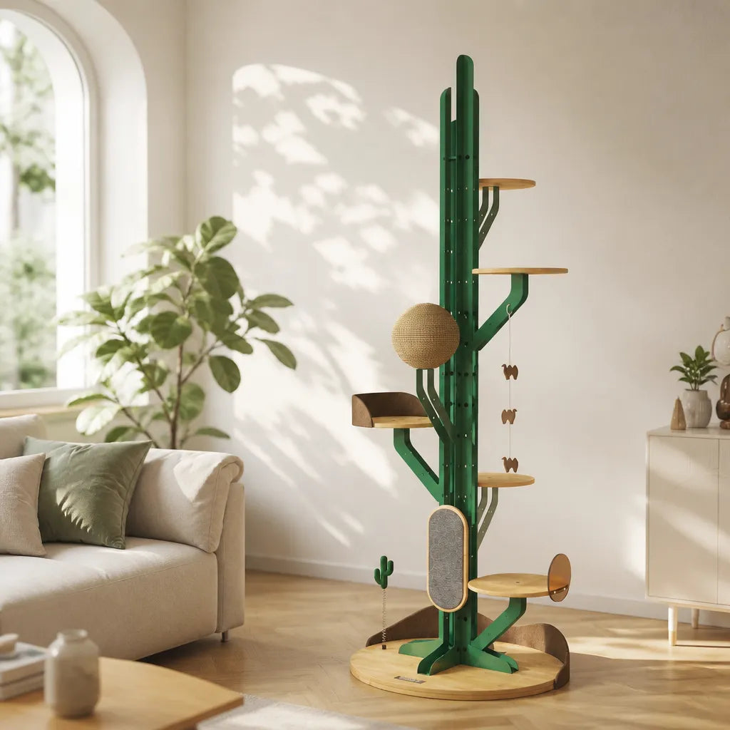 Fiora krabpaal in modern interieur – design kattenboom cactus groen met houten klimplatforms en sisal krabbal