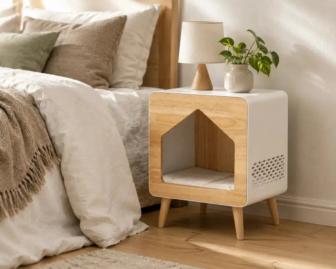 Nook nachtkast als kattenhuis in slaapkamer interieur – wit design meubel met houten nis als rustplek voor kat