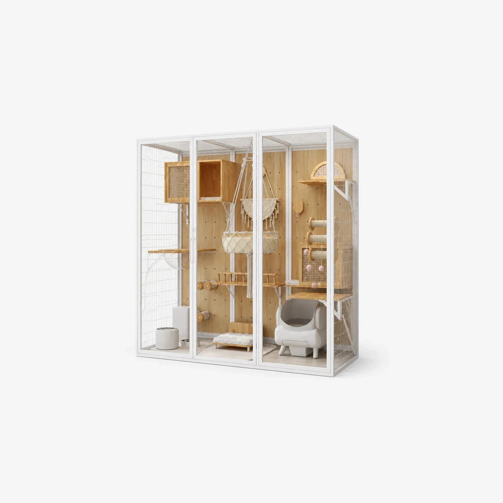 Mira kattenverblijf – luxe groot kattenverblijf wit staal met glazen panelen, houten interieur, macramé hangmand, kattenbak en speelgoed
