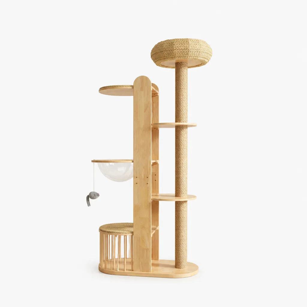 Faro kattenkrabpaal – luxe houten kattenboom met dikke sisal krabpaal, ronde krabschijf, transparante hangbal en houten huisje