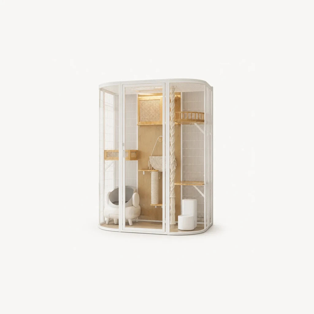 Aurelia kattenverblijf – luxe ovaal kattenverblijf wit staal met glazen panelen, rotan plafond, sisal krabpaal en kattenbak