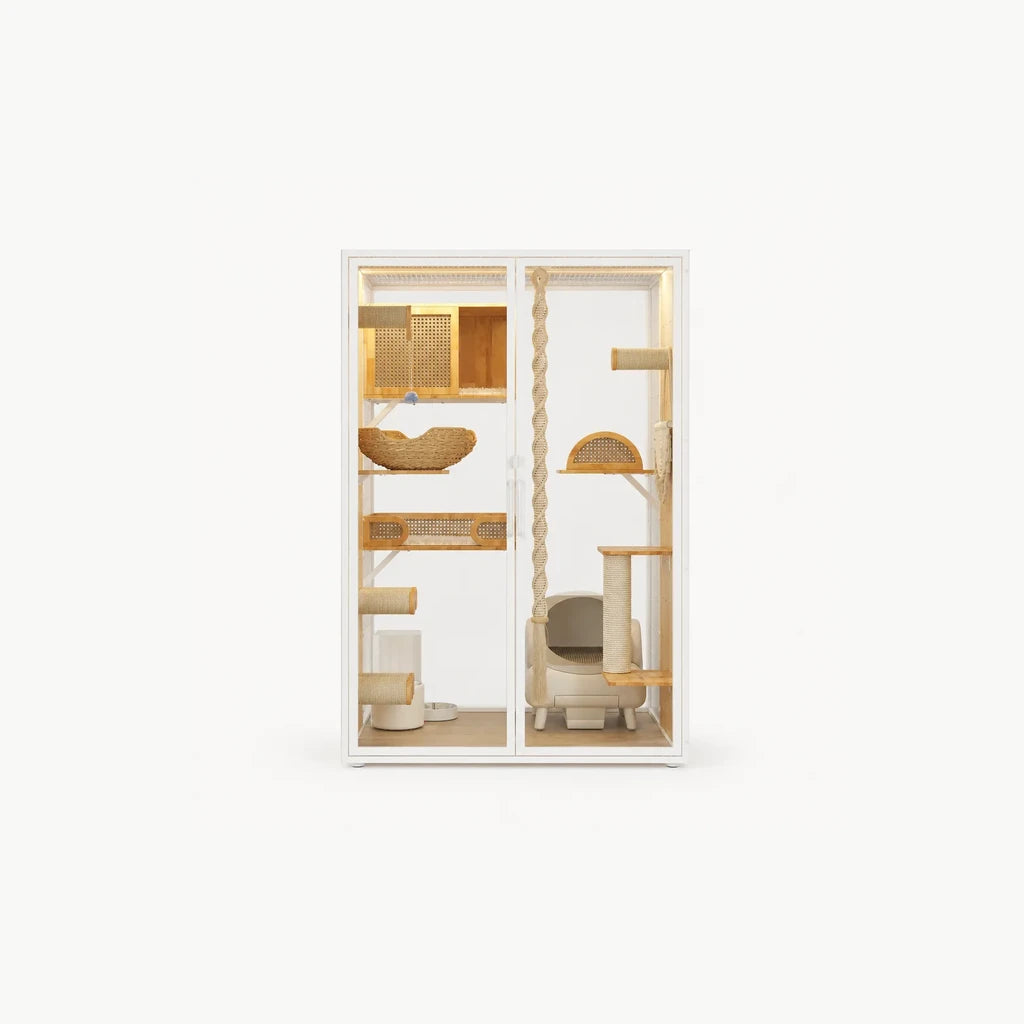 Senza kattenvilla – luxe grote kattenvilla wit staal met glazen deuren, rotan kattenhuis, gevlochten hangmand, sisal krabpalen en kattenbak