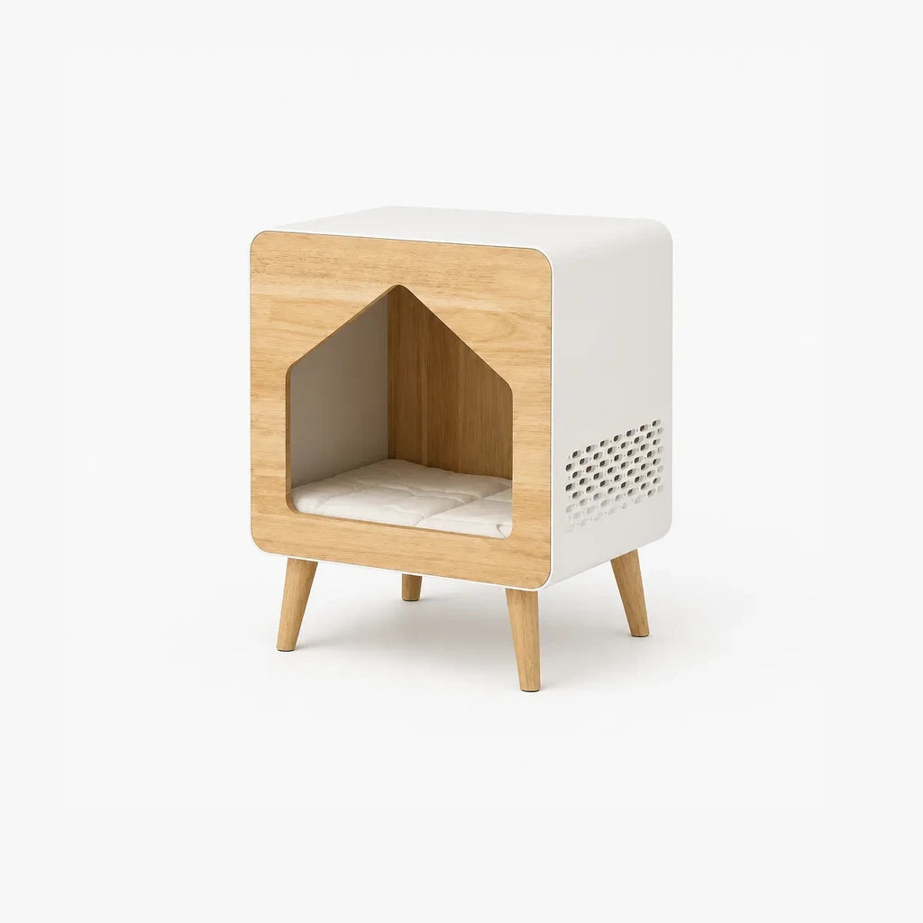 Nook nachtkast met kattenhuis – Scandinavisch design bijzettafel wit staal met houten nis en zacht kussen