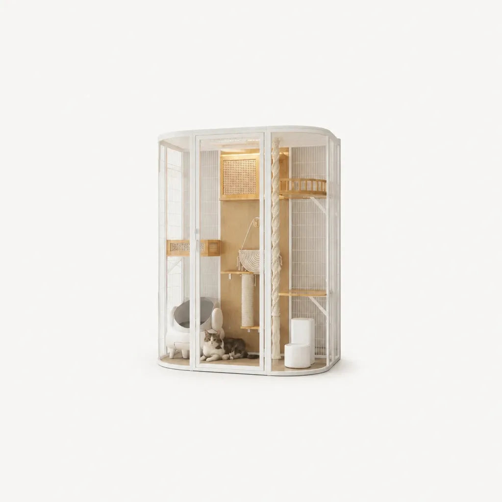 Aurelia kattenverblijf met kat – ovaal luxe kattenverblijf wit staal met rotan plafond, sisal krabpaal en geïntegreerde kattenbak