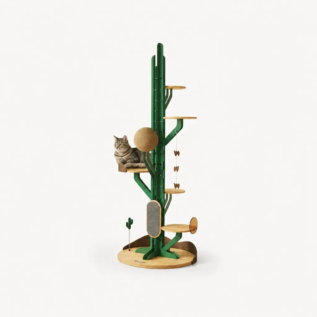 Fiora krabpaal met kat op platform – cactus kattenboom groen staal met meerdere houten platforms en krabbal