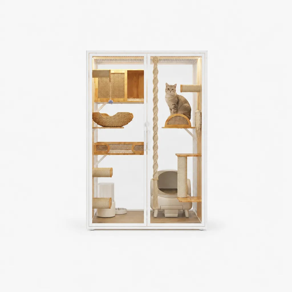 Senza kattenvilla met kat op platform – grote luxe kattenvilla wit staal met rotan kattenhuis, gevlochten hangmand en geïntegreerde kattenbak